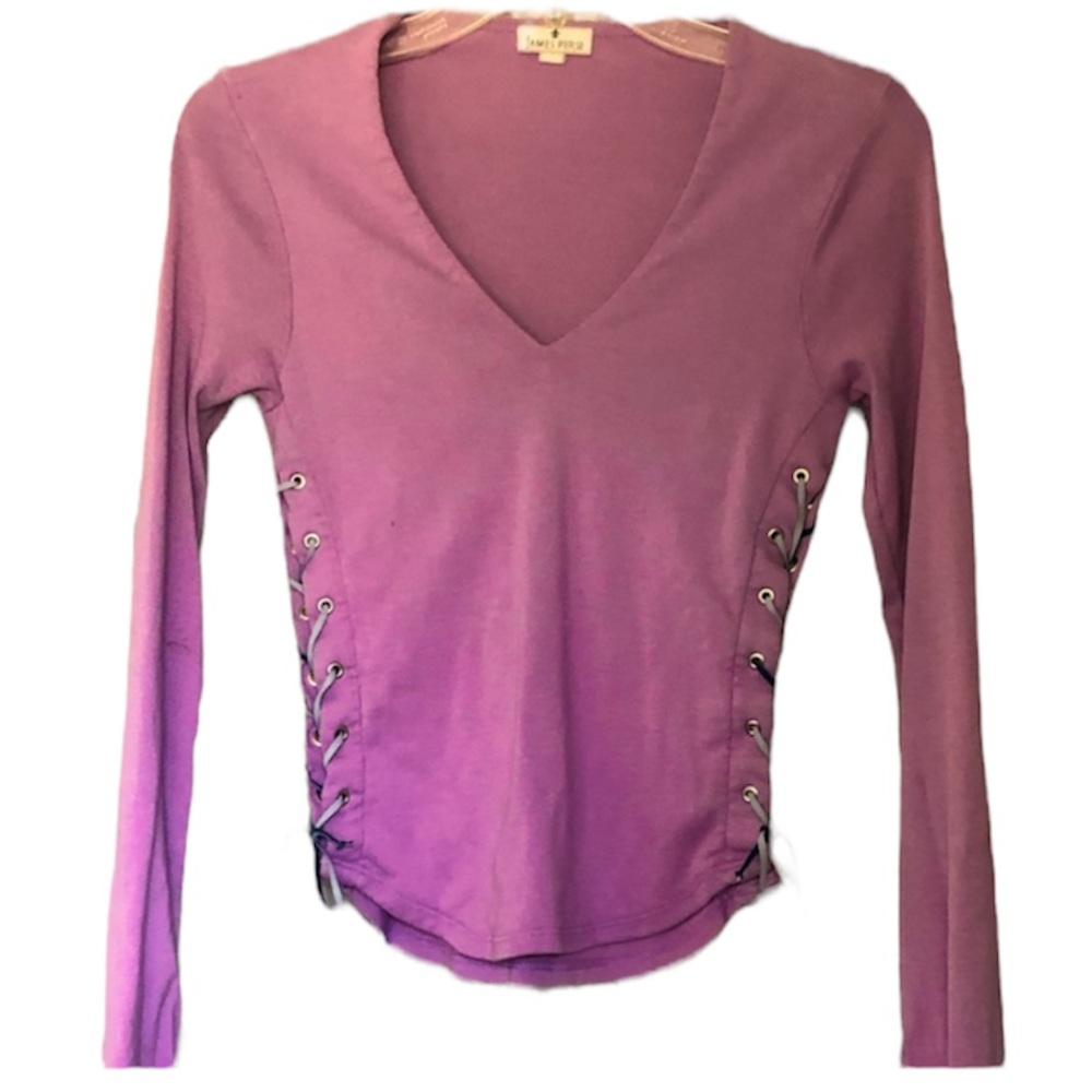🌞 James Perse vintage purple long sleeve V-neck lace-up sides shirt women 1